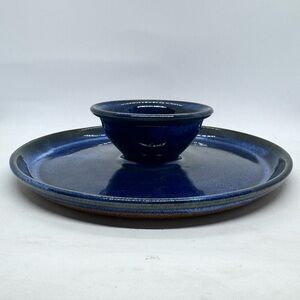 New Tom’s Thumb Pottery Blue Glazed One Piece Ceramic Chip & Dip Plate